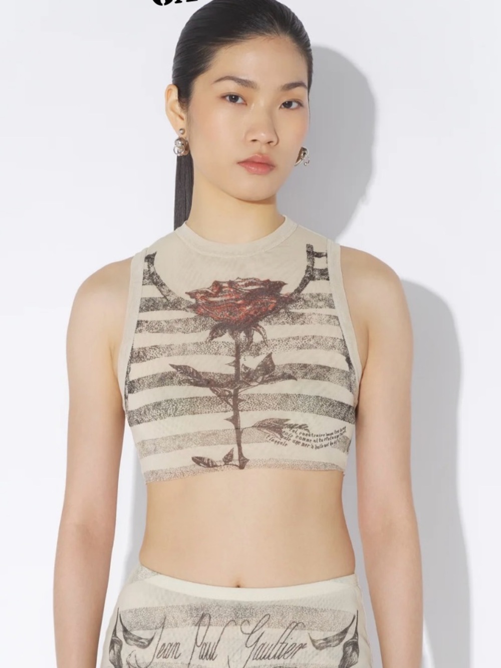 Jean Paul Gaultier Ecru/Cream Striped Rose Crop Top